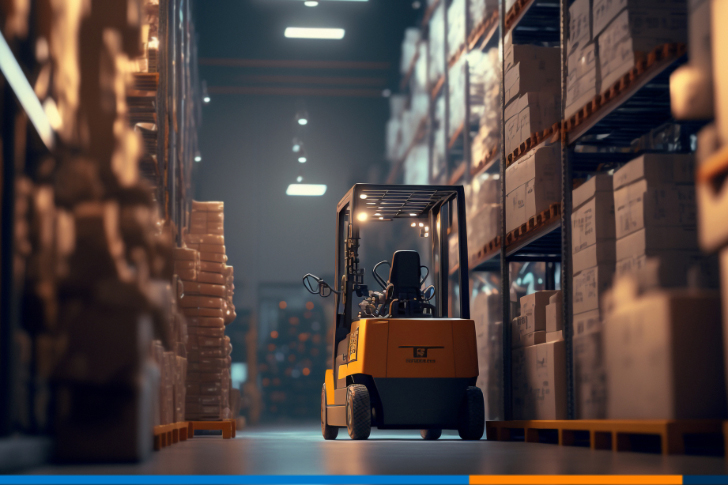Forklift loads pallets and boxes in warehouse – AI generative